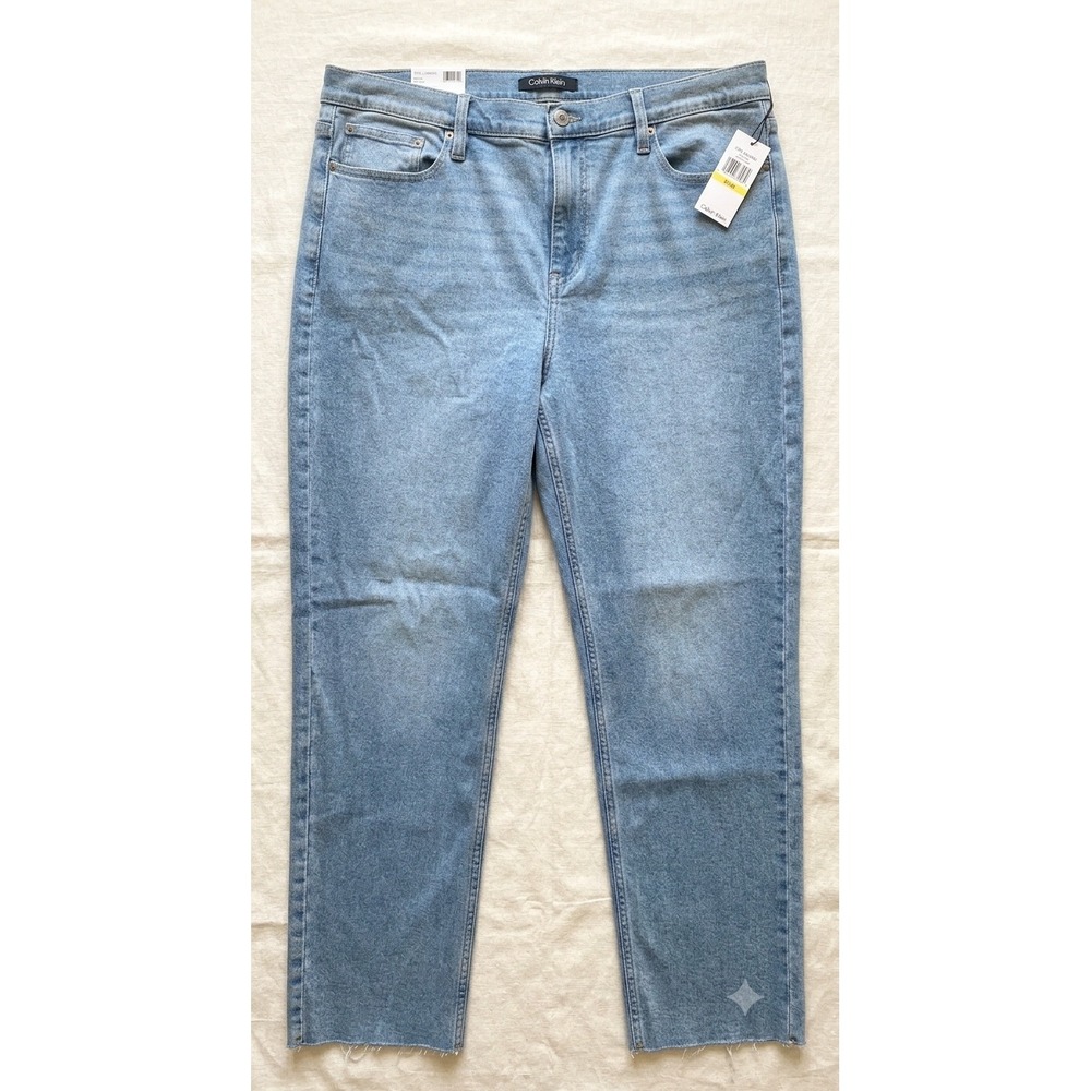 Calvin Klein Vintage Straight Jeans Womens 16 Lapis Blue High Rise Raw Hem NEW